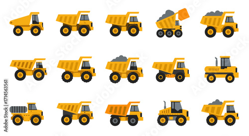 Collection of construction trucks in flat design with yellow vehicles and machinery icons