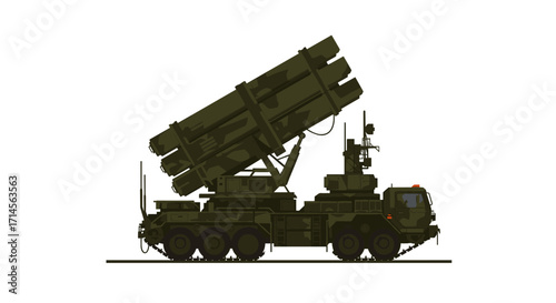 Military missile launcher on camouflage truck in flat style