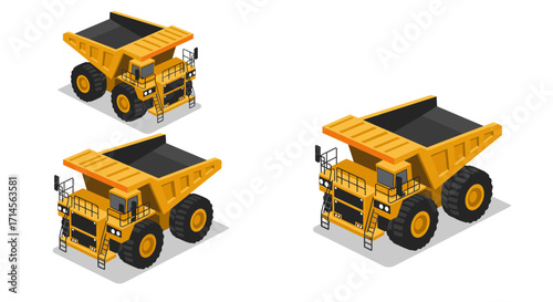 Isometric dump trucks: yellow heavy machinery set for construction projects