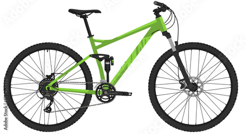 Green mountain bicycle side view with detailed components in realistic style
