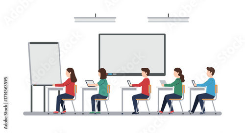 Classroom scene with students learning on tablets and whiteboard