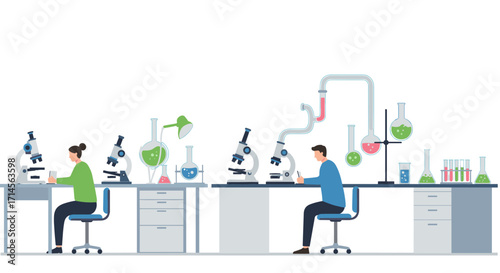Scientists in laboratory conducting experiments with microscopes and chemical equipment