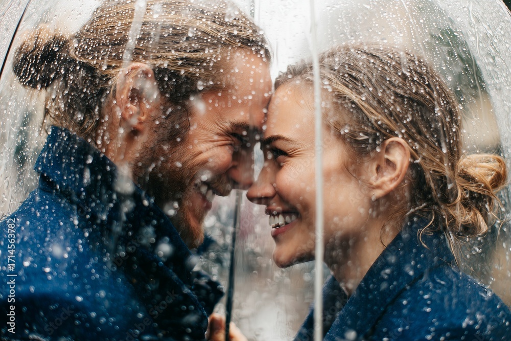 Fototapeta premium Romantic couple smiling under umbrella in rainy weather, close faces, love and happiness concept, cozy autumn mood, relationship, togetherness and emotional connection outdoors.