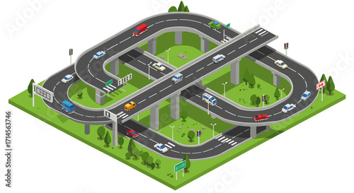 Isometric highway with cars on overpass and green landscape