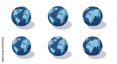 Set of 3d globes with rotating world map on white background