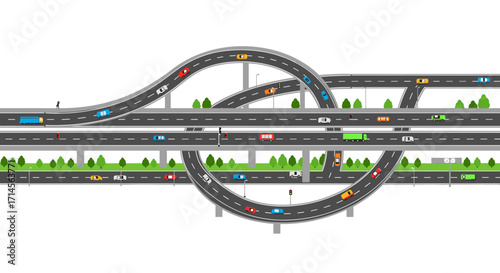 Detailed urban highway infrastructure with cars and trucks on elevated roads