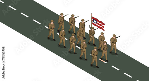 Isometric military parade on road with soldiers and flag