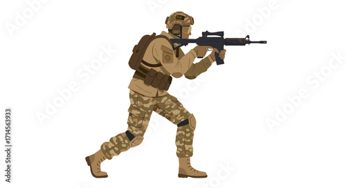 Modern soldier in camouflage gear holding rifle