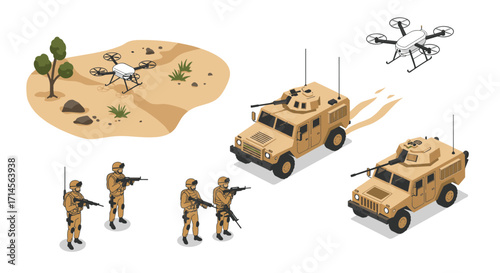 Isometric military operation with drones, armored vehicles, and soldiers in desert terrain