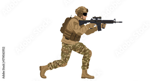 Soldier in tactical gear with rifle in combat stance