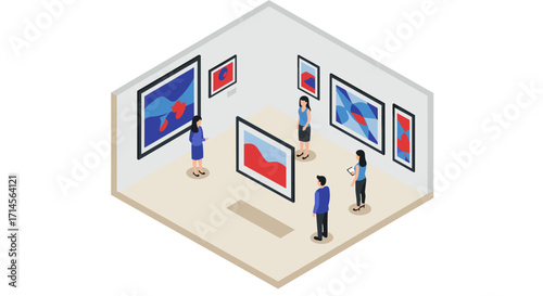 Contemporary art gallery exhibition in isometric style with visitors