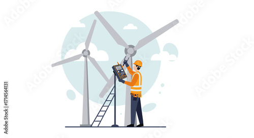 Engineer inspecting wind turbines for renewable energy maintenance