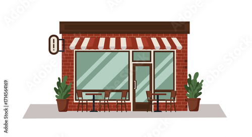 Charming brick cafe facade with red awning and outdoor seating