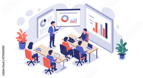 Isometric office meeting with team analyzing data charts and graphs