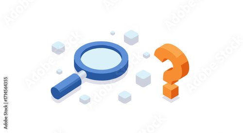 Isometric search concept with magnifying glass and 3d question mark on white background