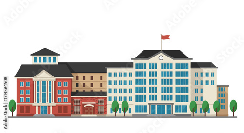 Modern educational campus with historic and contemporary architecture