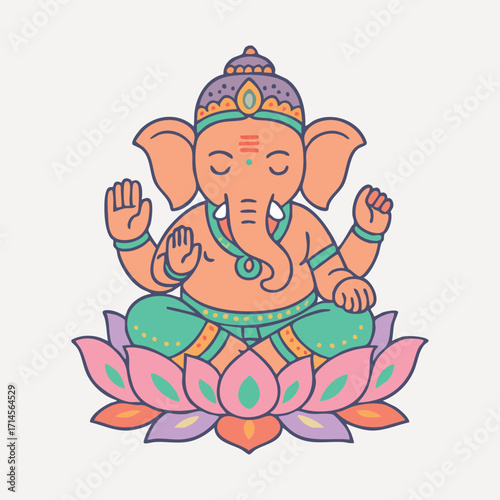 Cute Lord Ganesha sitting on lotus flower in peaceful meditation, flat style vector illustration