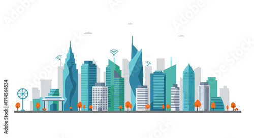 Futuristic urban skyline with wifi signals and autumn trees
