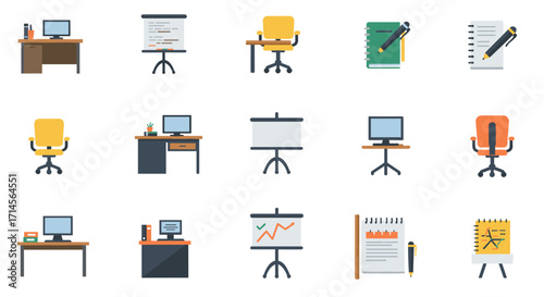 Modern office icons set: flat style desks, chairs, computers, and presentation tools