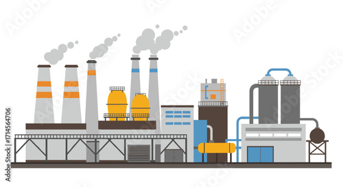 Industrial complex graphic with smokestacks and storage tanks in flat design