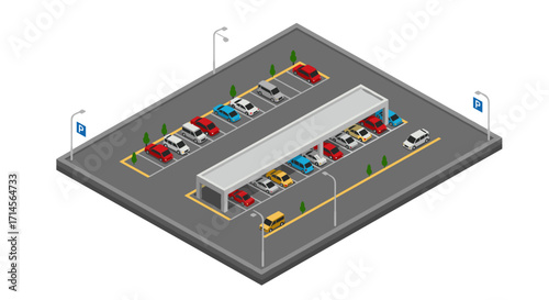 Isometric parking lot with variety of cars and streetlights