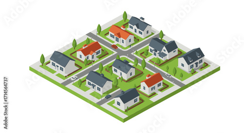 Isometric neighborhood illustration with modern suburban houses and roads