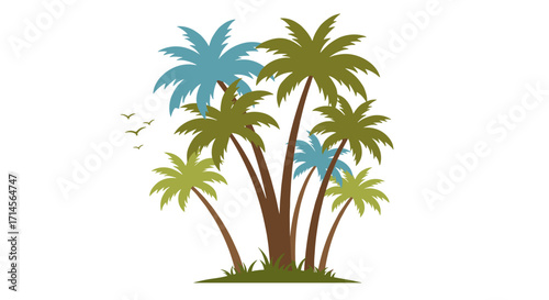 Tropical palm trees with flying birds and sun