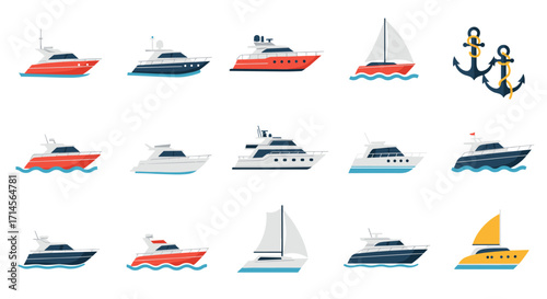 Nautical icon set: modern boat and yacht collection in flat design