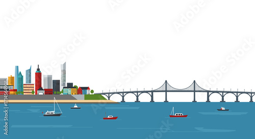 Coastal cityscape with bridge and boats on tranquil water