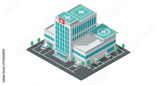 Modern isometric hospital building with ambulances and helipad in urban setting