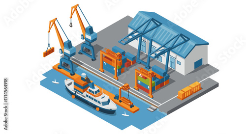 Modern isometric port scene with cargo ship, cranes, and containers