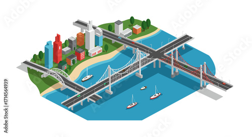 Isometric cityscape with bridges and waterways in vibrant urban setting