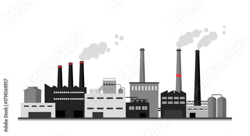 Industrial factory silhouette with smokestacks emitting smoke on white background