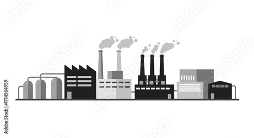 Monochrome industrial skyline with factories and smokestacks silhouette