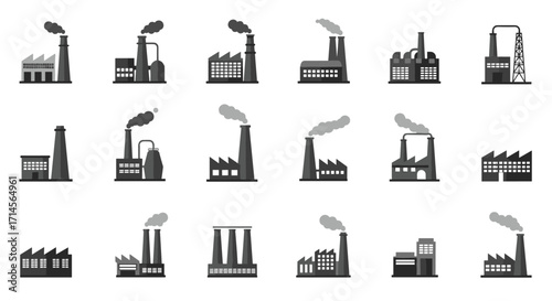 Industrial plant silhouettes set featuring factories and production facilities