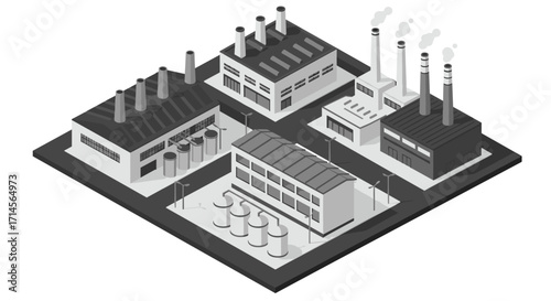 Isometric industrial complex with factories and smokestacks in monochrome design