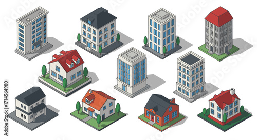 Isometric cityscape: diverse residential and apartment buildings set