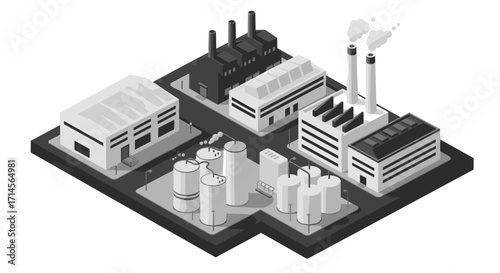 Industrial zone with factories and chimneys in isometric gray scale design