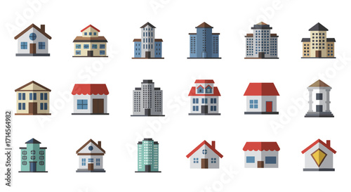 Flat style collection of diverse buildings and houses on a white background