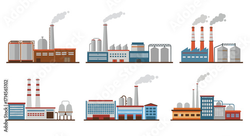 Set of industrial factory buildings with smokestacks and storage silos