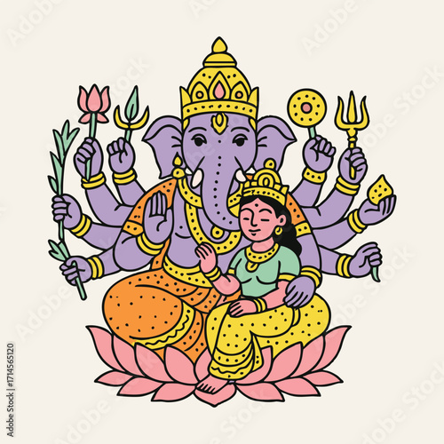 Maha Ganapati seated on lotus with consort, ten-armed divine Ganesha with spiritual objects, colorful vector illustration