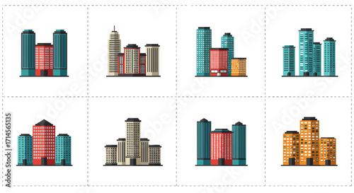 Modern urban building collection with diverse architecture in flat style
