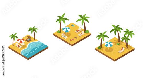 Isometric tropical beach scenes with palm trees and relaxation areas