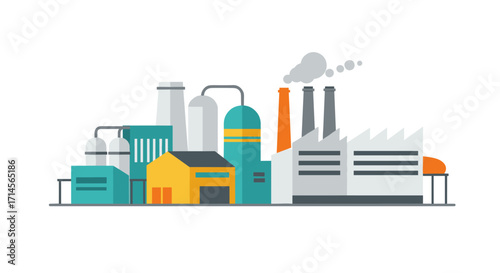 Modern industrial factory skyline with smokestacks and machinery in flat design