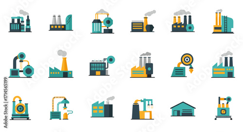 Industrial factory icons in flat style with modern design elements