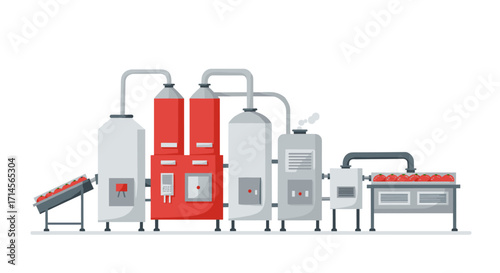 Industrial tomato processing plant machine with conveyor belt in flat design
