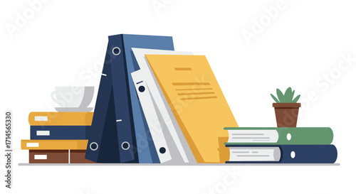 Office desk essentials: file folders, books, and plant in a minimalist flat design