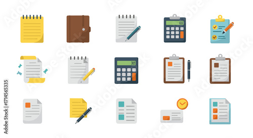 Office and finance icons set featuring notebooks, calculators, and clipboards in flat design