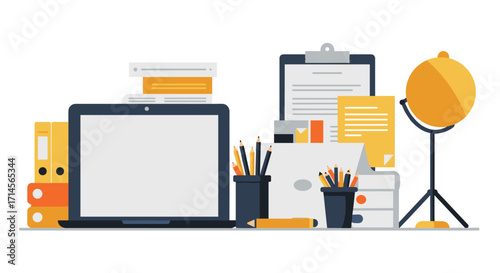 Modern office desk workspace with laptop and stationery items in flat design