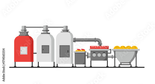 Modern flat style industrial food production line with machinery equipment